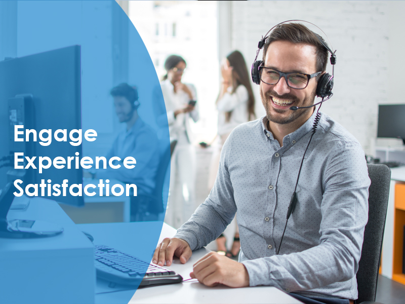 A customer service representative with headset on sitting at the computer with the words engage, experience and satisfaction written next to them representing customer service training