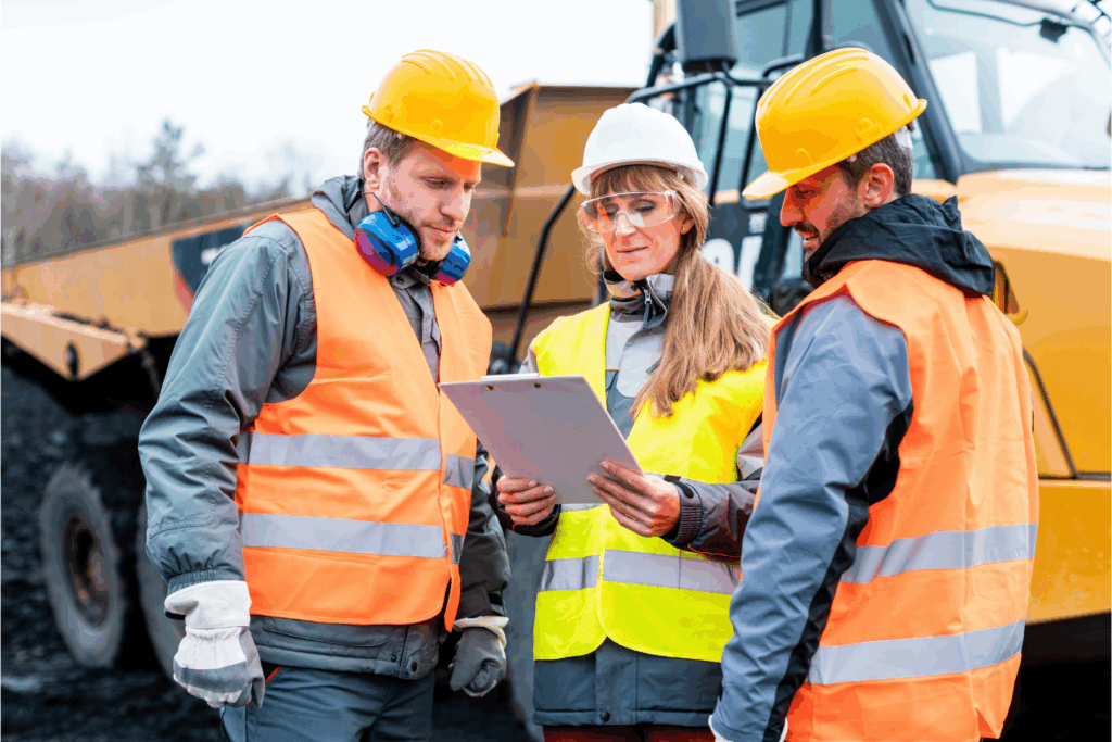 three team members in the mines discussing some projects.