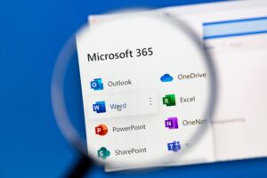 Microsoft 365 and its apps showed on the laptop screen.