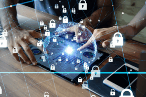 padlock icons floating above a tablet representing cybersecurity.