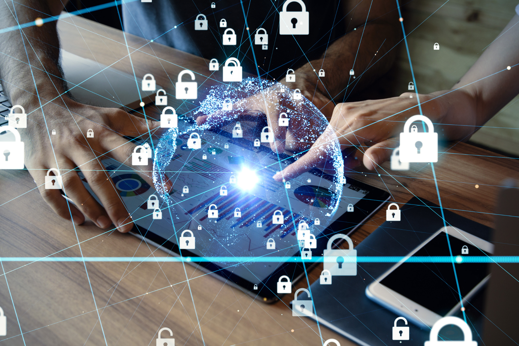 padlock icons floating above a tablet representing cybersecurity.