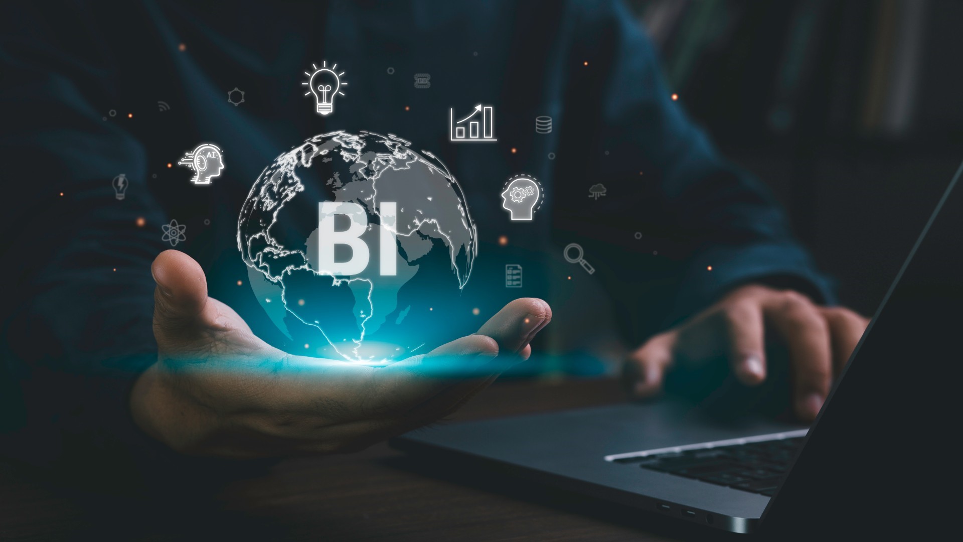 Power BI and dashboard icons floating on a person palm indicating that he/she master the Power BI,